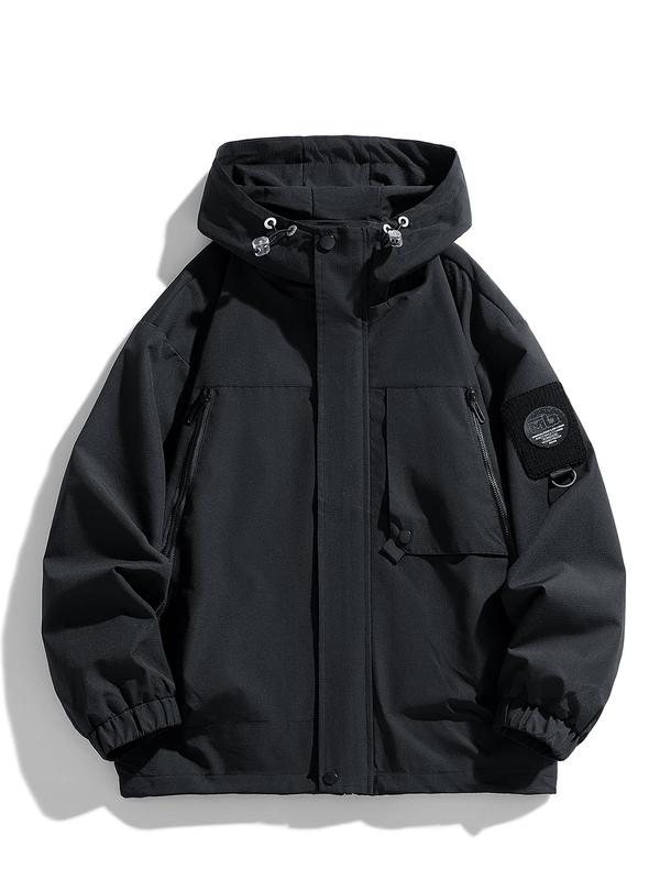 Women's Solid Color Letter Patched Drawstring Hooded Skiing Jacket, Casual Waterproof Windproof Long Sleeve Zip Up Outerwear for Outdoor Activities, Ladies Sportswear for All Seasons Sports Jacket